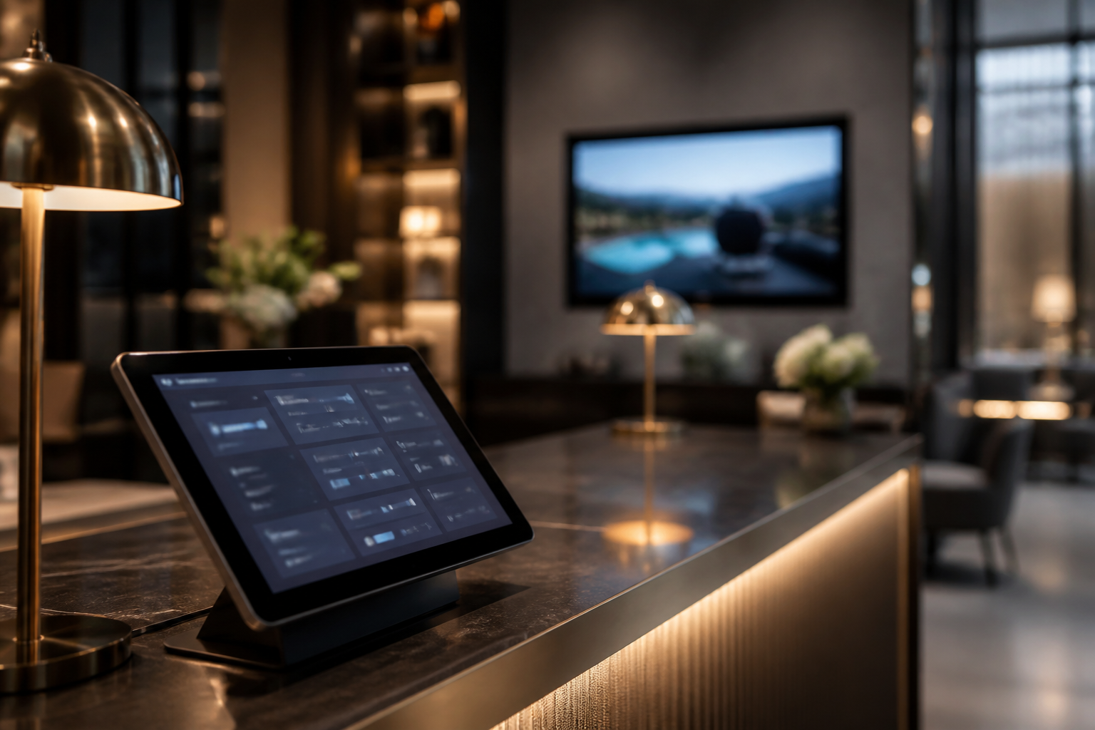 Reception desk with tablet suggesting cloud control of in-room TVs