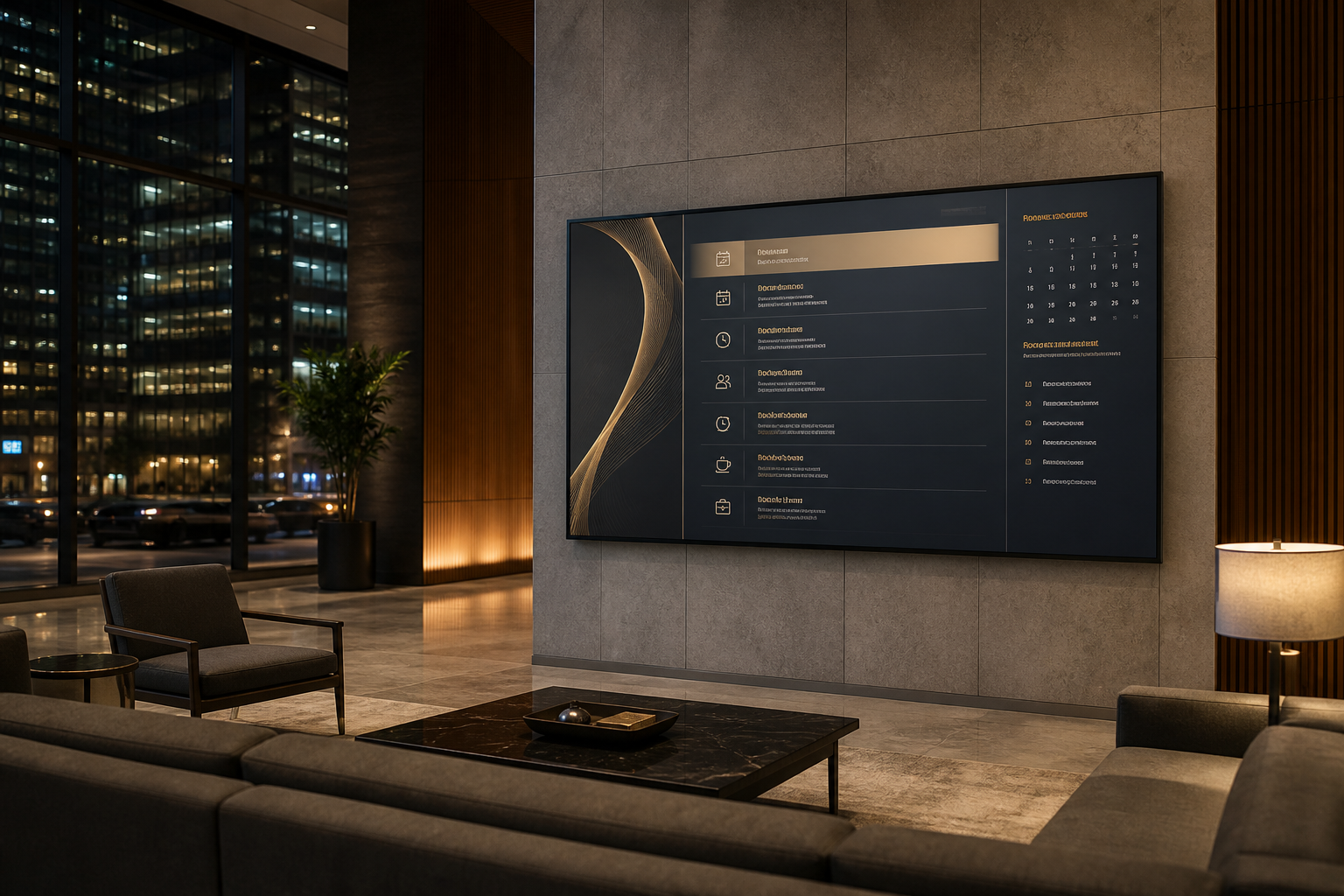 Corporate lobby with a large display showing an enterprise agenda interface